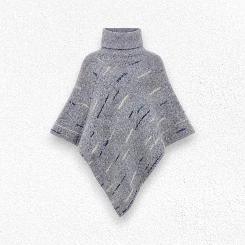 Y2K Gray Fuzzy Acrylic Poncho Cowl Neck 2000 Boho Abstract Dash Pattern One Size